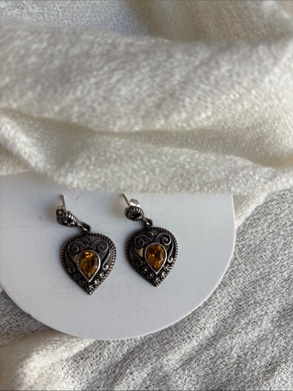 Vintage-Style Heart Drop Earrings with Amber Color Gemstones